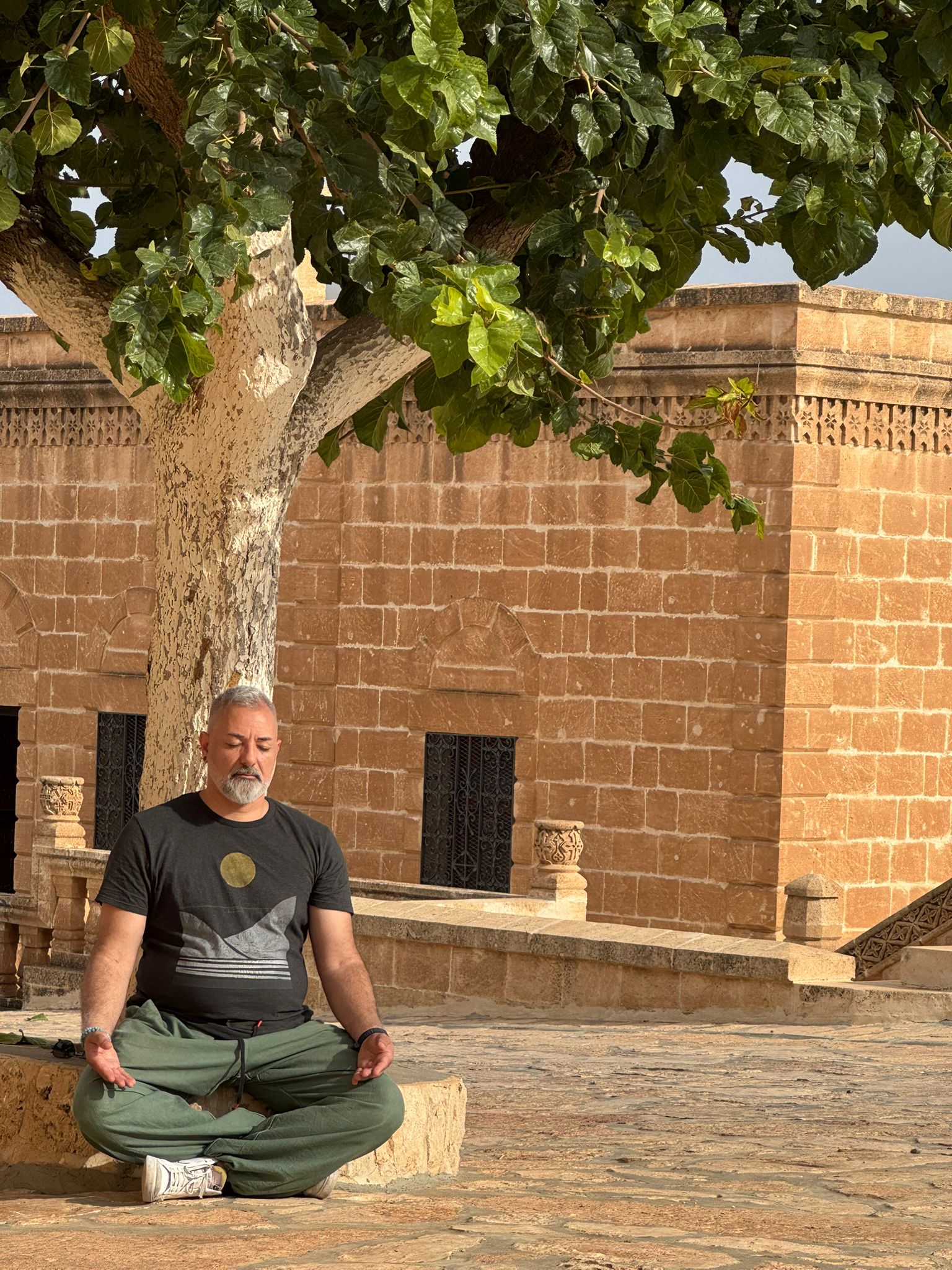 Vatan in Meditation vor historischem Steingebäude